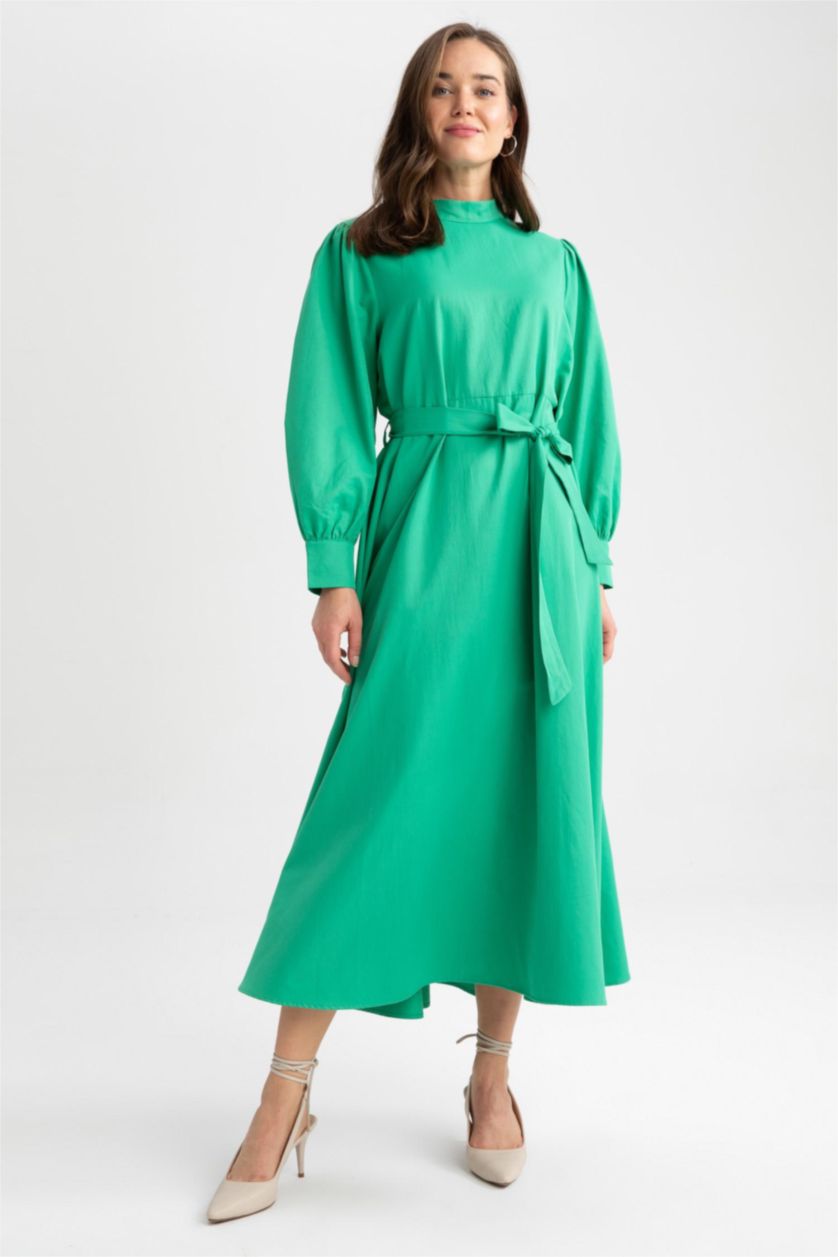 WOMAN Green A-Line Half Turtleneck Poplin Long Sleeve Dress