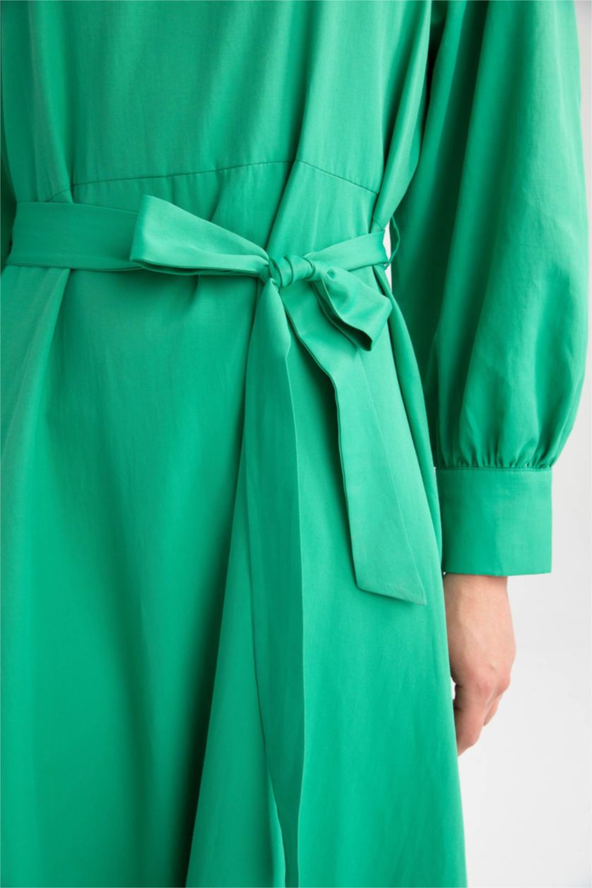 WOMAN Green A-Line Half Turtleneck Poplin Long Sleeve Dress