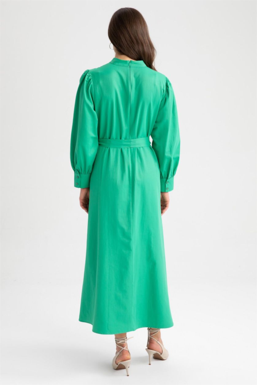 WOMAN Green A-Line Half Turtleneck Poplin Long Sleeve Dress