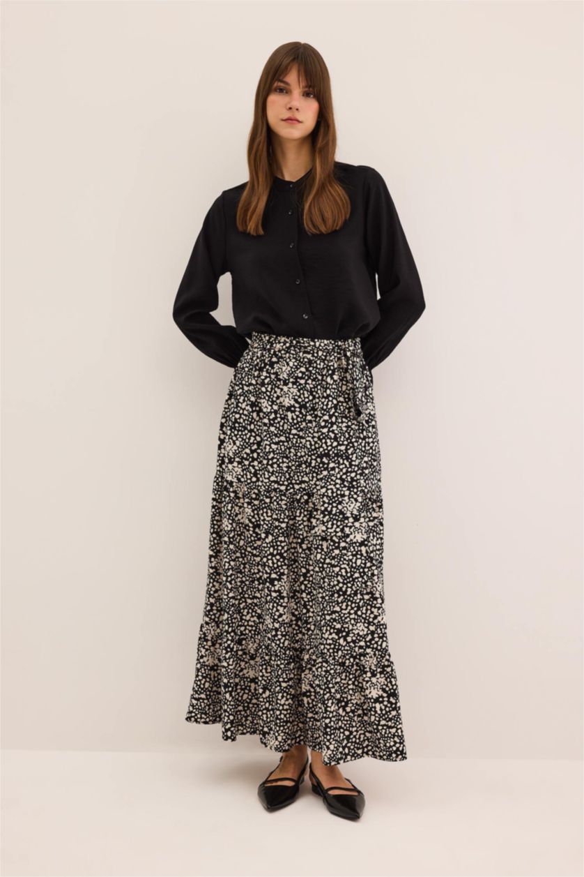 FEMME Noir Jupe Longue en Viscose à Motifs