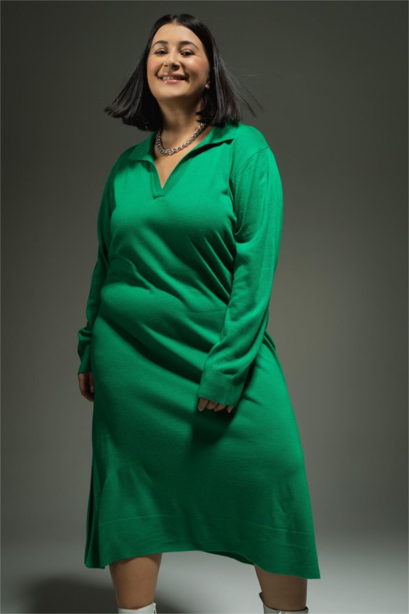 FEMME Vert Robe tricot à col polo de grande taille de DF Plus