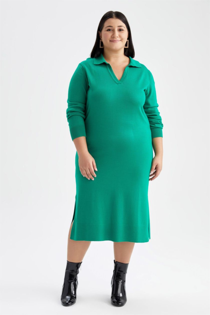 FEMME Vert Robe tricot à col polo de grande taille de DF Plus