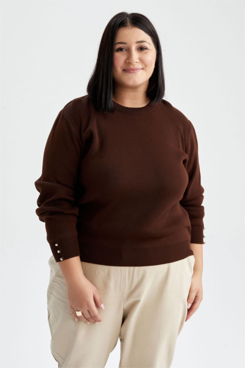 WOMAN Brown Regular Fit Crew Neck Pullover