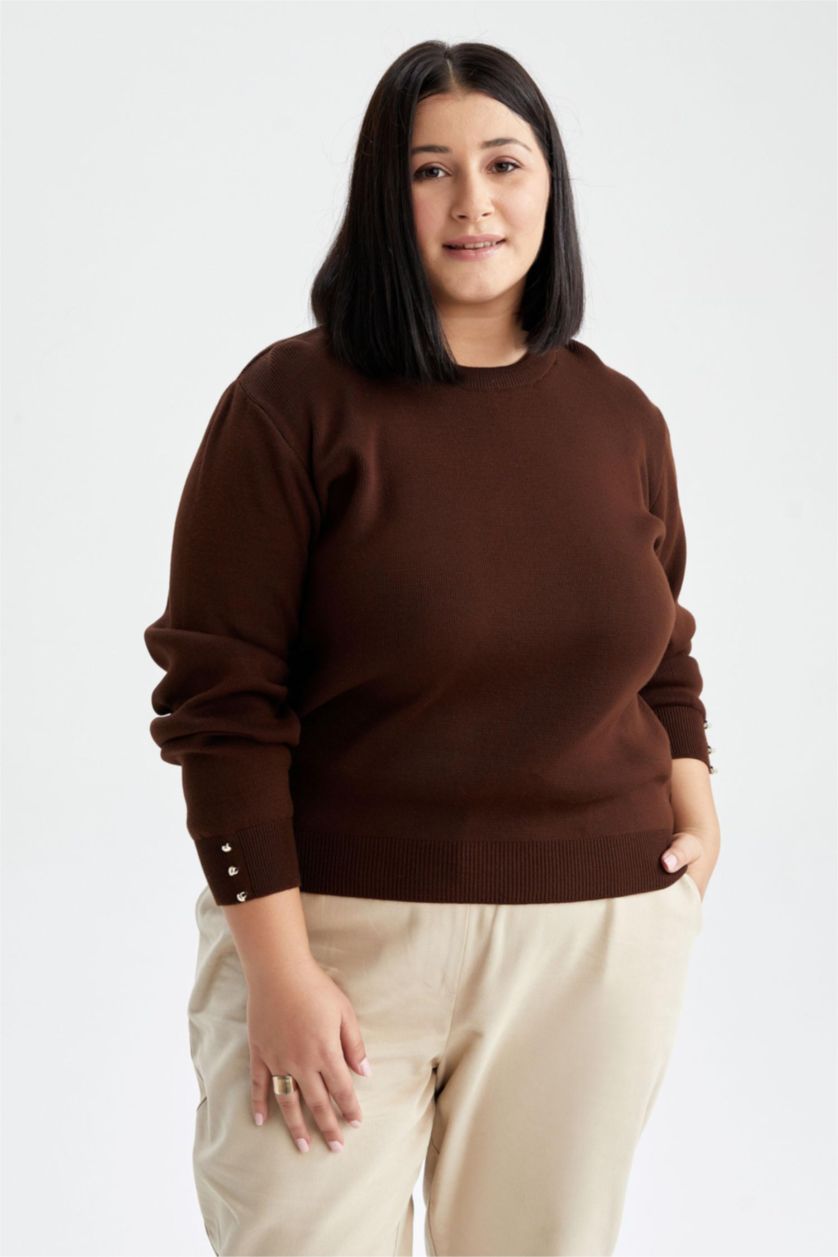 WOMAN Brown Regular Fit Crew Neck Pullover