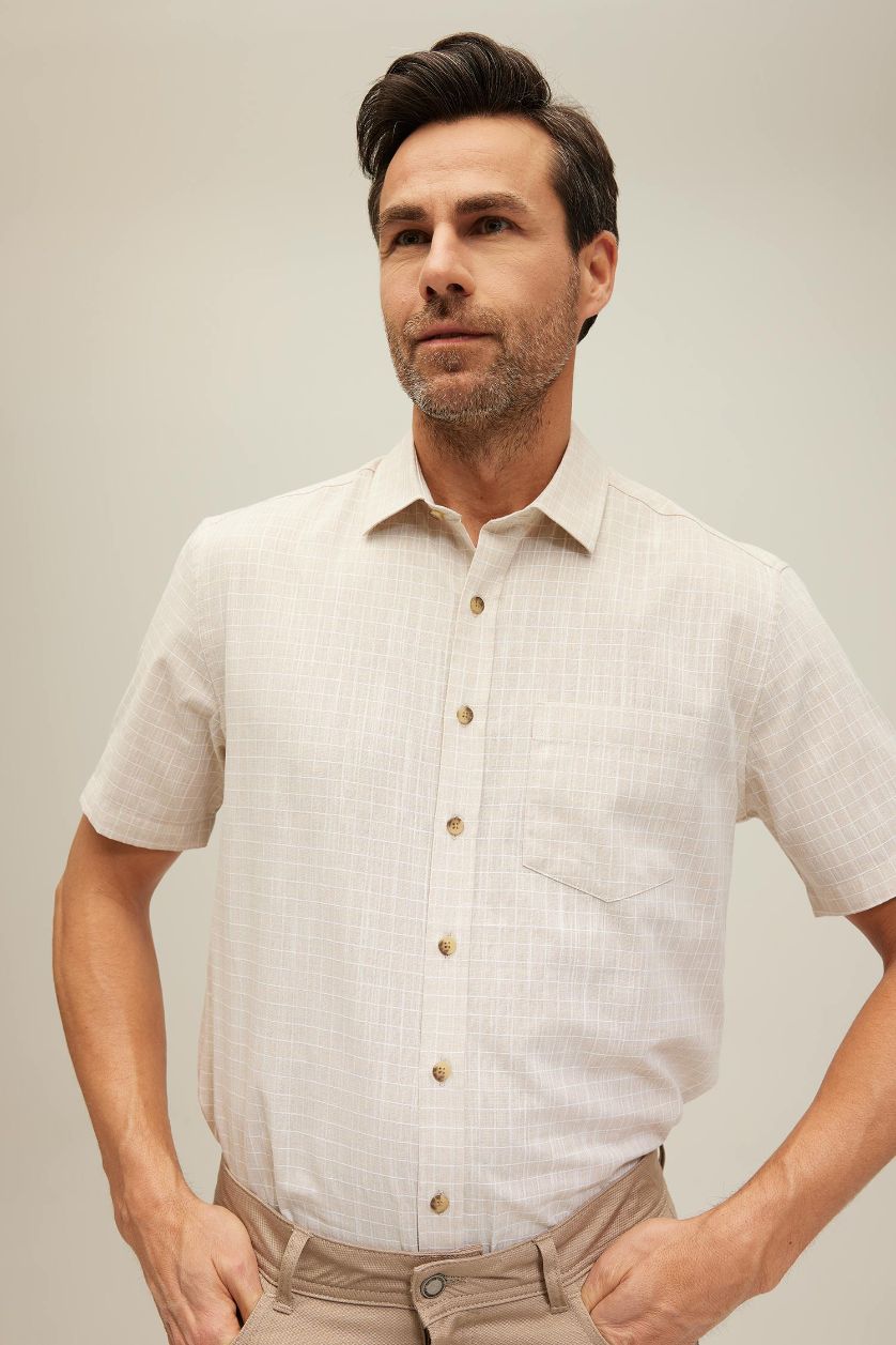 MAN Sand Regular Fit Textured Short Sleeve Cotton Shirt