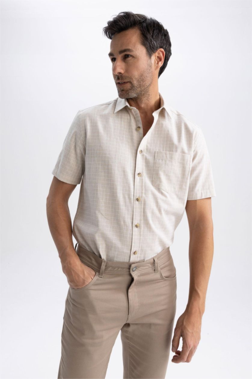 MAN Sand Regular Fit Textured Short Sleeve Cotton Shirt