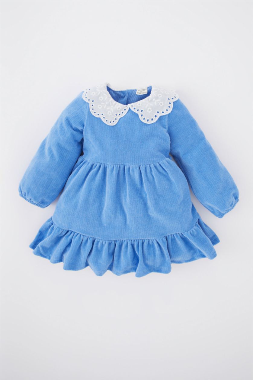 BÉBÉ FILLE Bleu Robe En Tricot Velours Côtelé Col en dentelle Manche Longue
