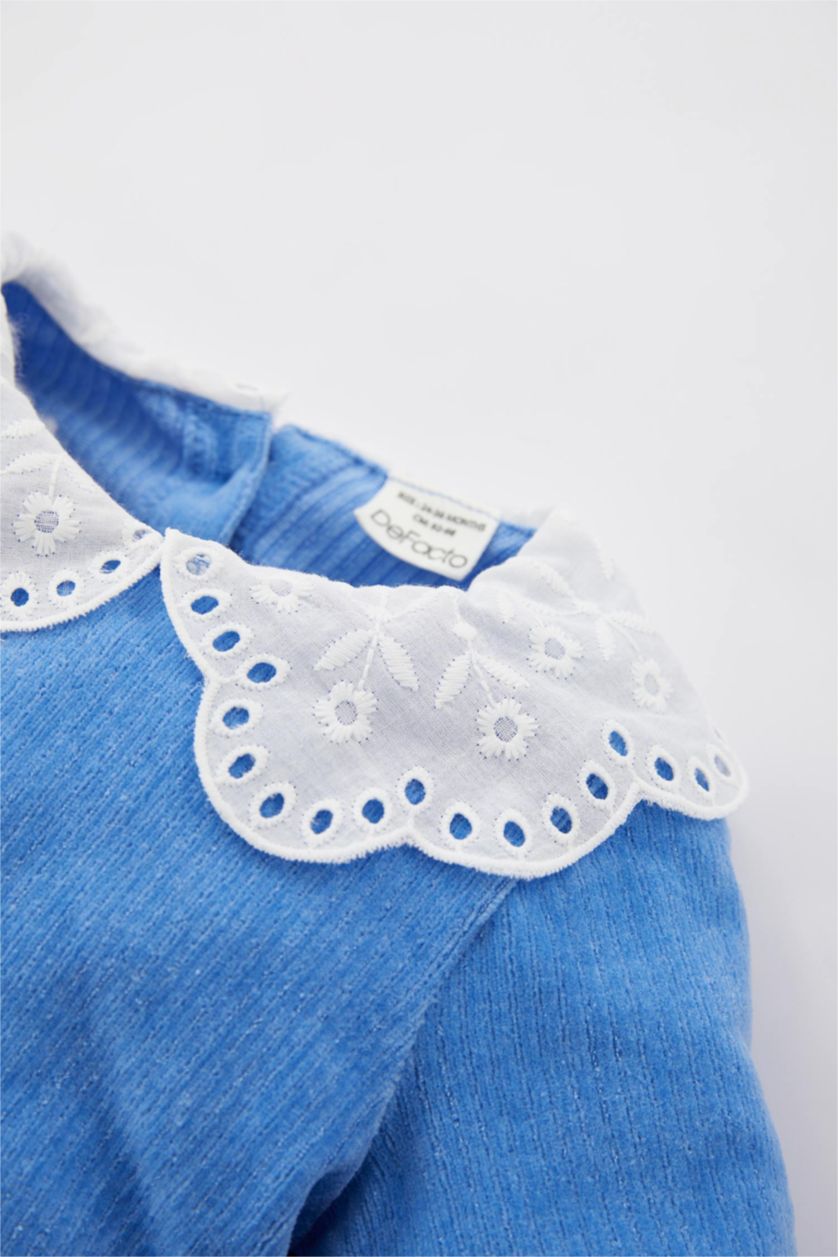 BÉBÉ FILLE Bleu Robe En Tricot Velours Côtelé Col en dentelle Manche Longue