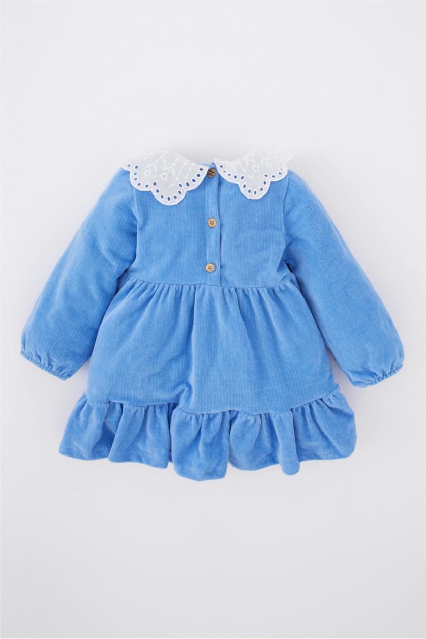 BÉBÉ FILLE Bleu Robe En Tricot Velours Côtelé Col en dentelle Manche Longue