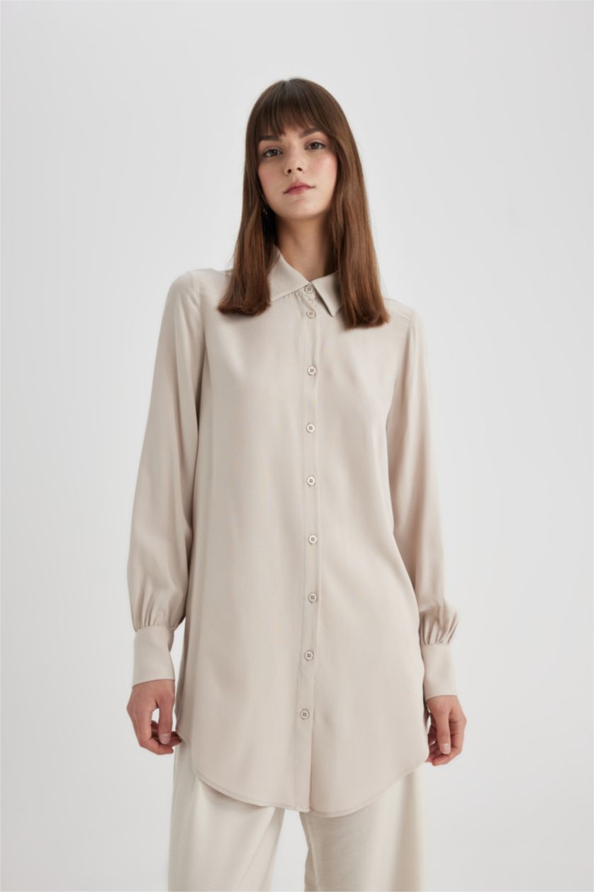 WOMAN Sand Regular Fit Basic Long Sleeve Shirt Tunic