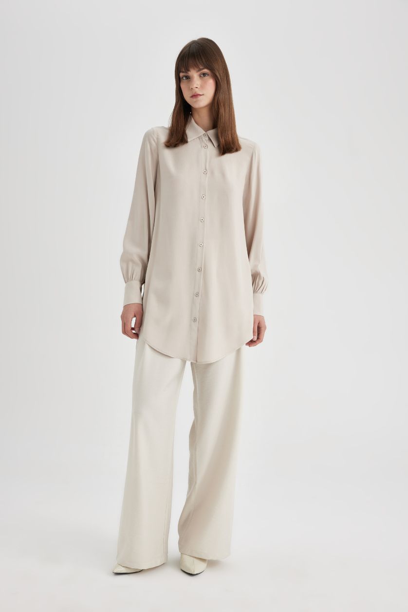 WOMAN Sand Regular Fit Basic Long Sleeve Shirt Tunic