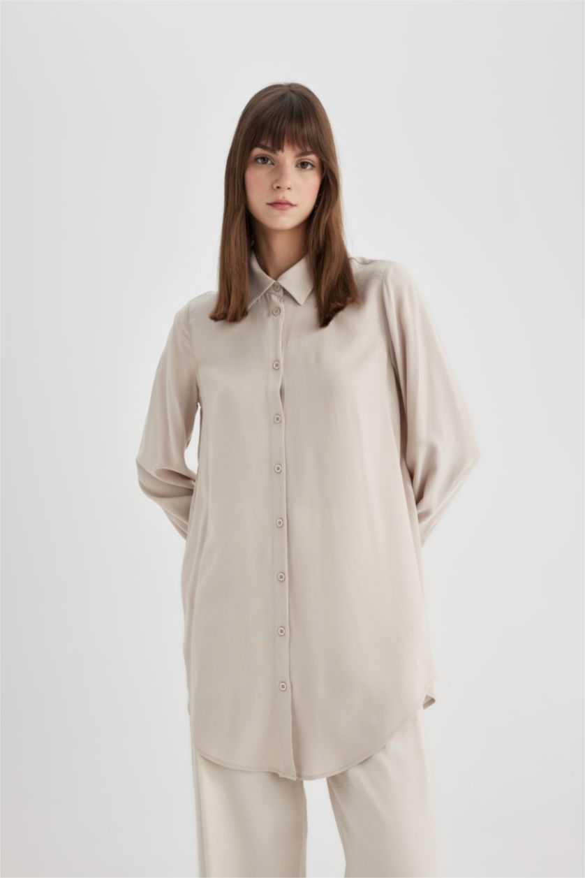 WOMAN Sand Regular Fit Basic Long Sleeve Shirt Tunic