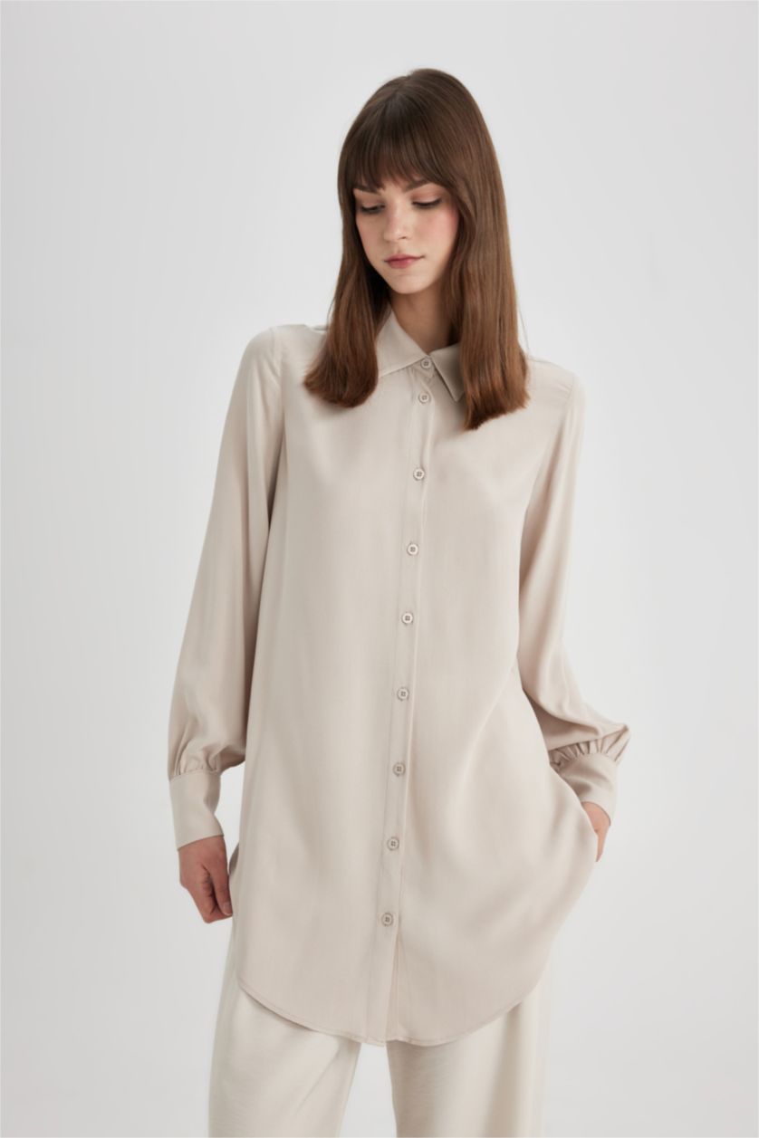 WOMAN Sand Regular Fit Basic Long Sleeve Shirt Tunic