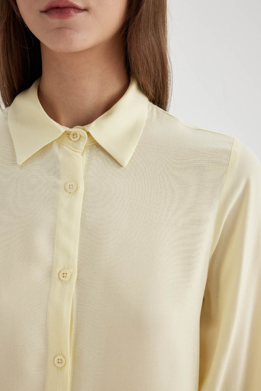 Kadın Ekru Regular Fit Basic Düz Uzun Kollu Tesettür Gömlek Tunik
