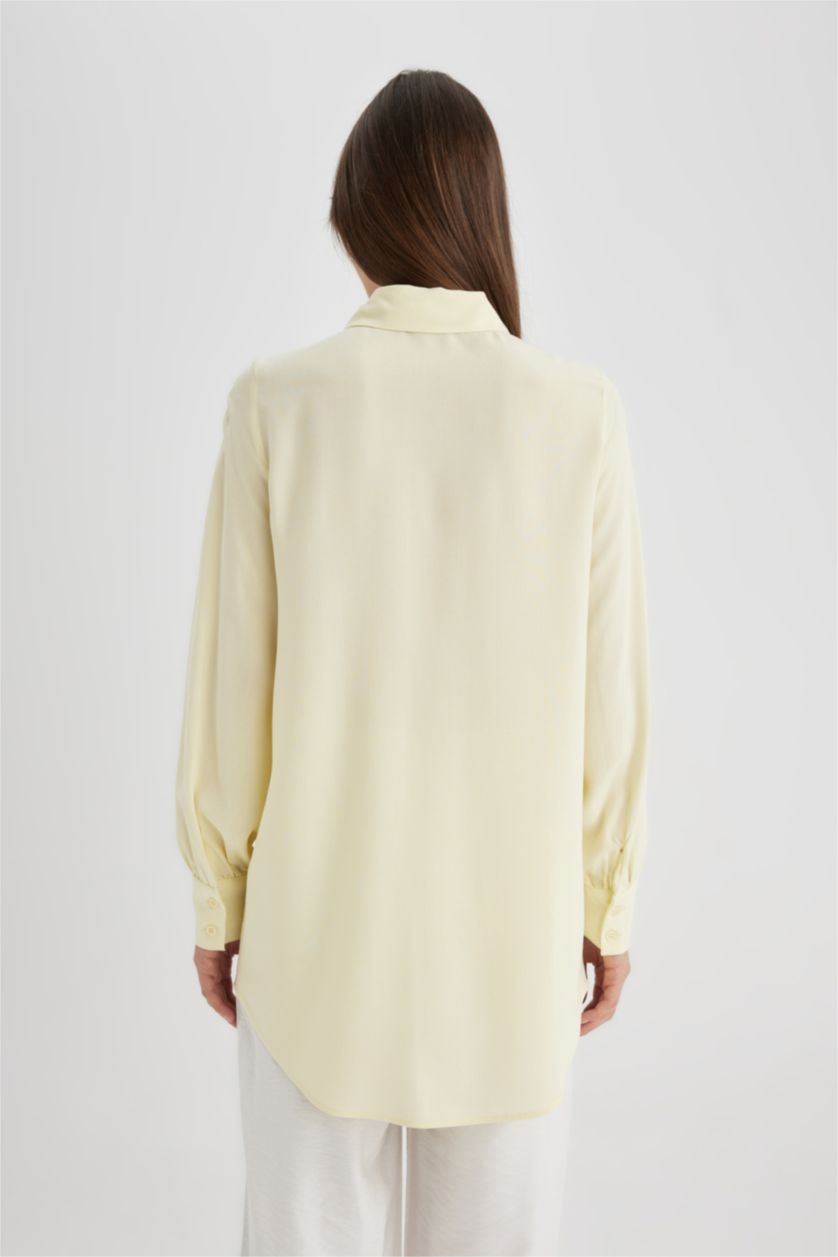 Kadın Ekru Regular Fit Basic Düz Uzun Kollu Tesettür Gömlek Tunik
