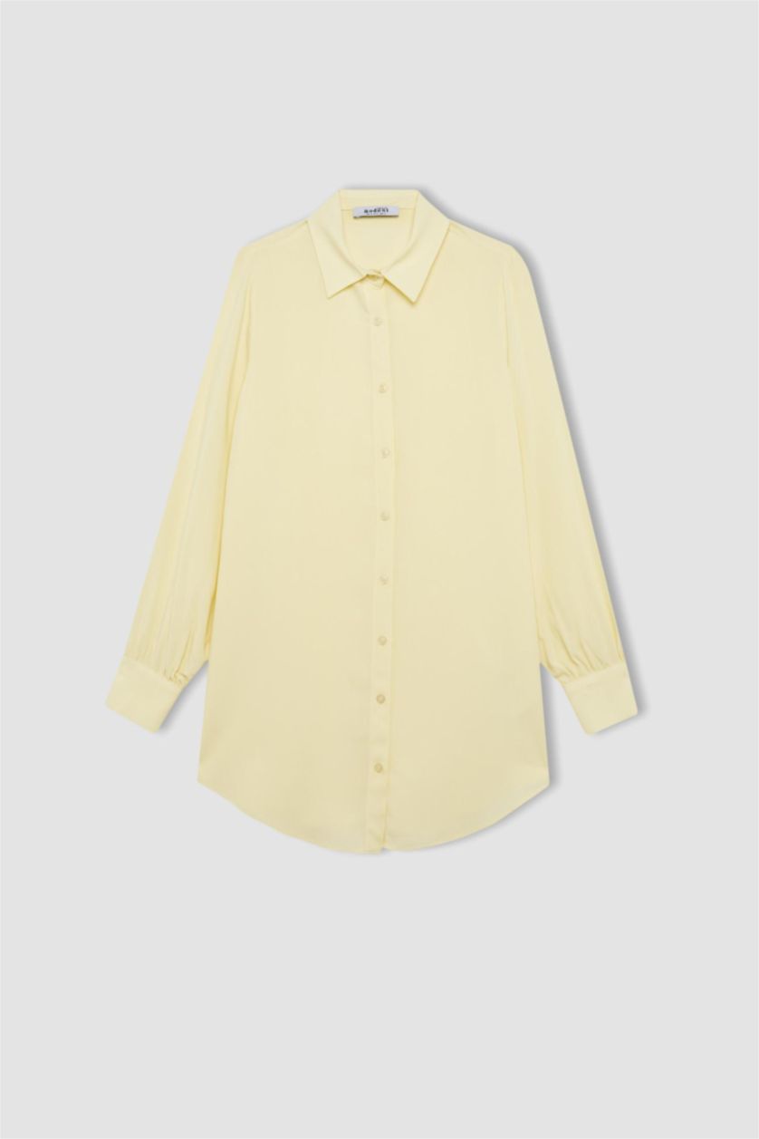 Kadın Ekru Regular Fit Basic Düz Uzun Kollu Tesettür Gömlek Tunik
