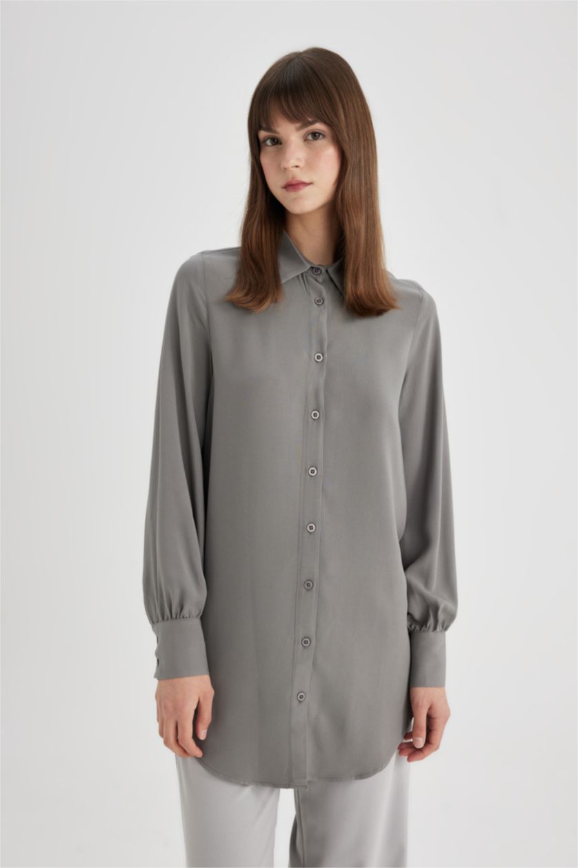 FEMME Gris Tunique Chemise coupe régulière à Manches Longues