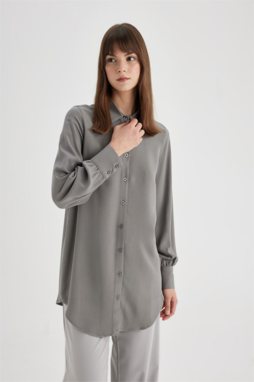 FEMME Gris Tunique Chemise coupe régulière à Manches Longues