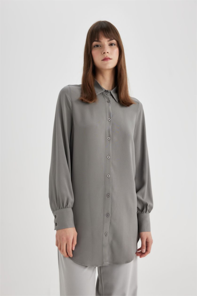 FEMME Gris Tunique Chemise coupe régulière à Manches Longues