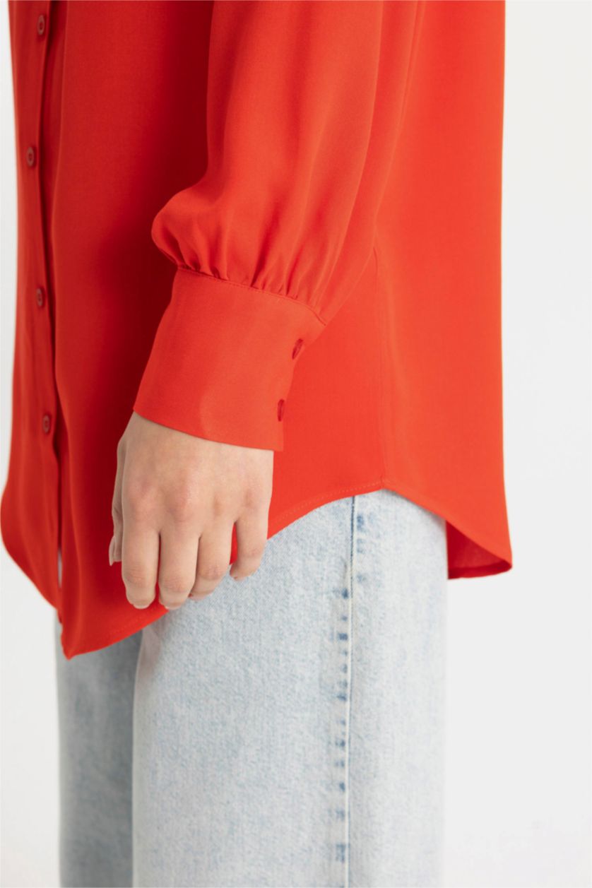 Woman Red Regular Fit Shirt Collar Basic Long Sleeve Tunic