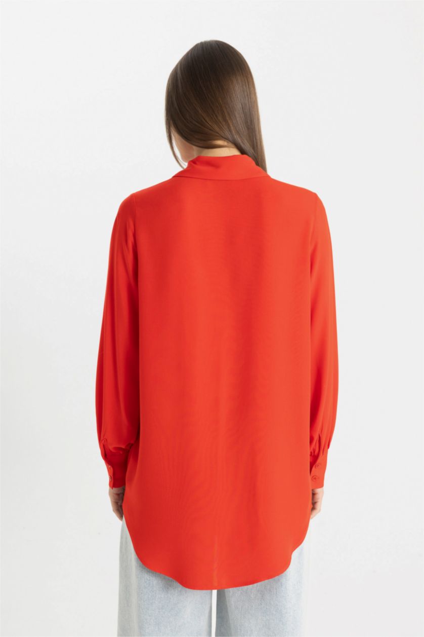 Woman Red Regular Fit Shirt Collar Basic Long Sleeve Tunic