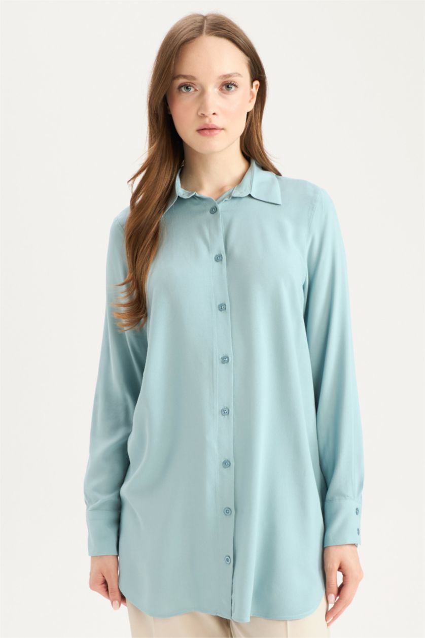 WOMAN DULL GREEN Regular Fit Shirt Collar Long Sleeve Tunic