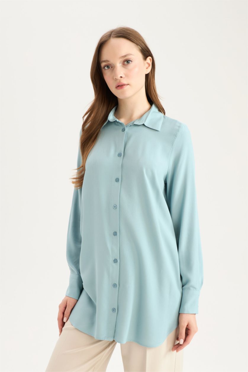 WOMAN DULL GREEN Regular Fit Shirt Collar Long Sleeve Tunic