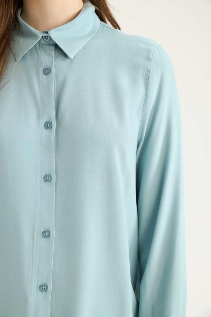 WOMAN DULL GREEN Regular Fit Shirt Collar Long Sleeve Tunic