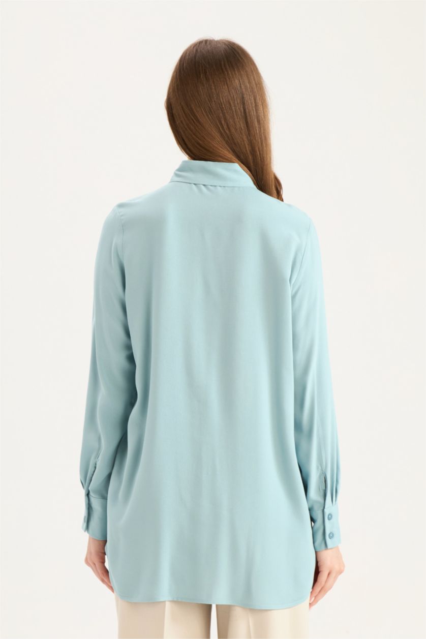WOMAN DULL GREEN Regular Fit Shirt Collar Long Sleeve Tunic