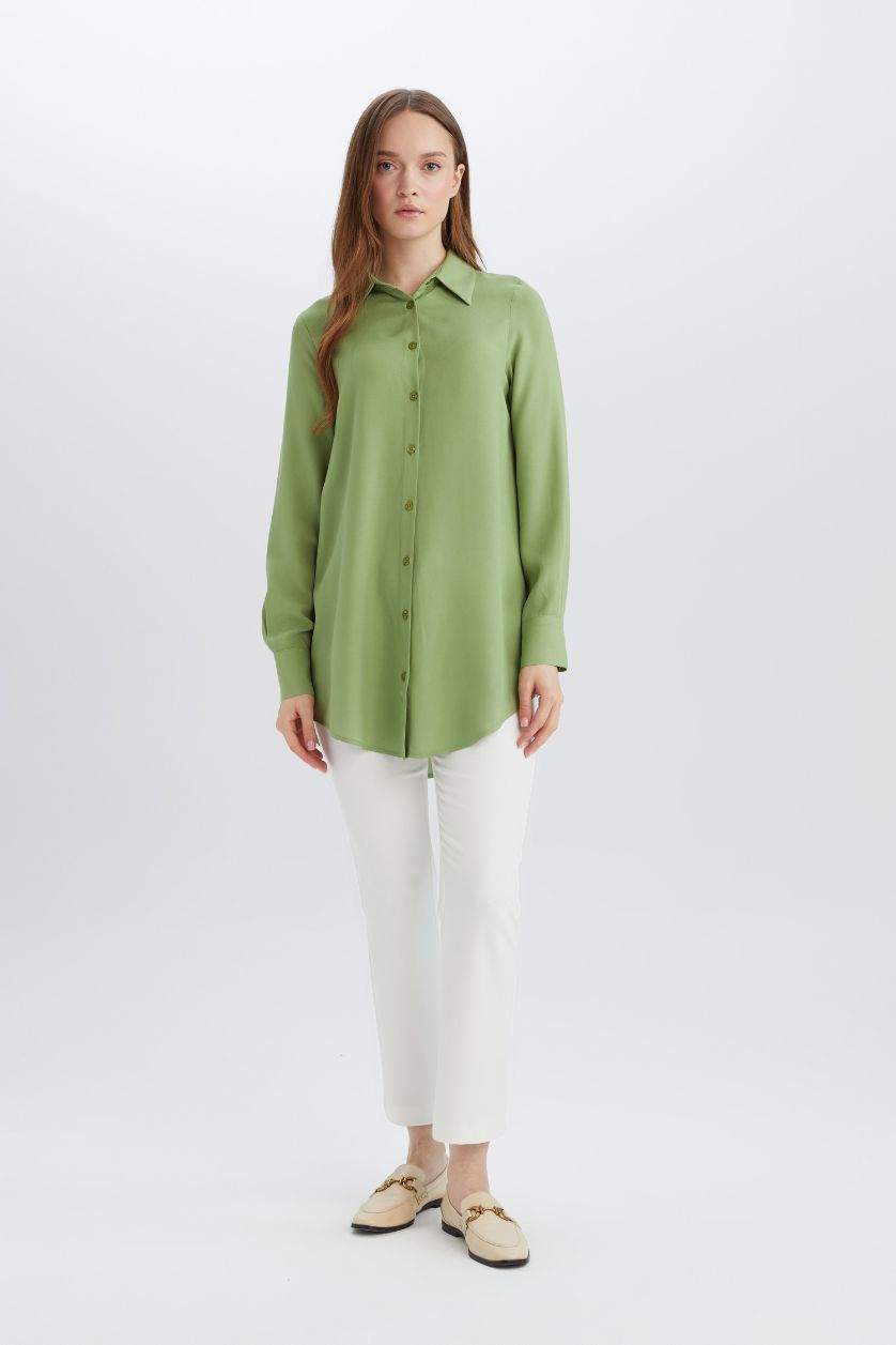Kadın Yeşil Regular Fit Basic Düz Uzun Kollu Tesettür Gömlek Tunik