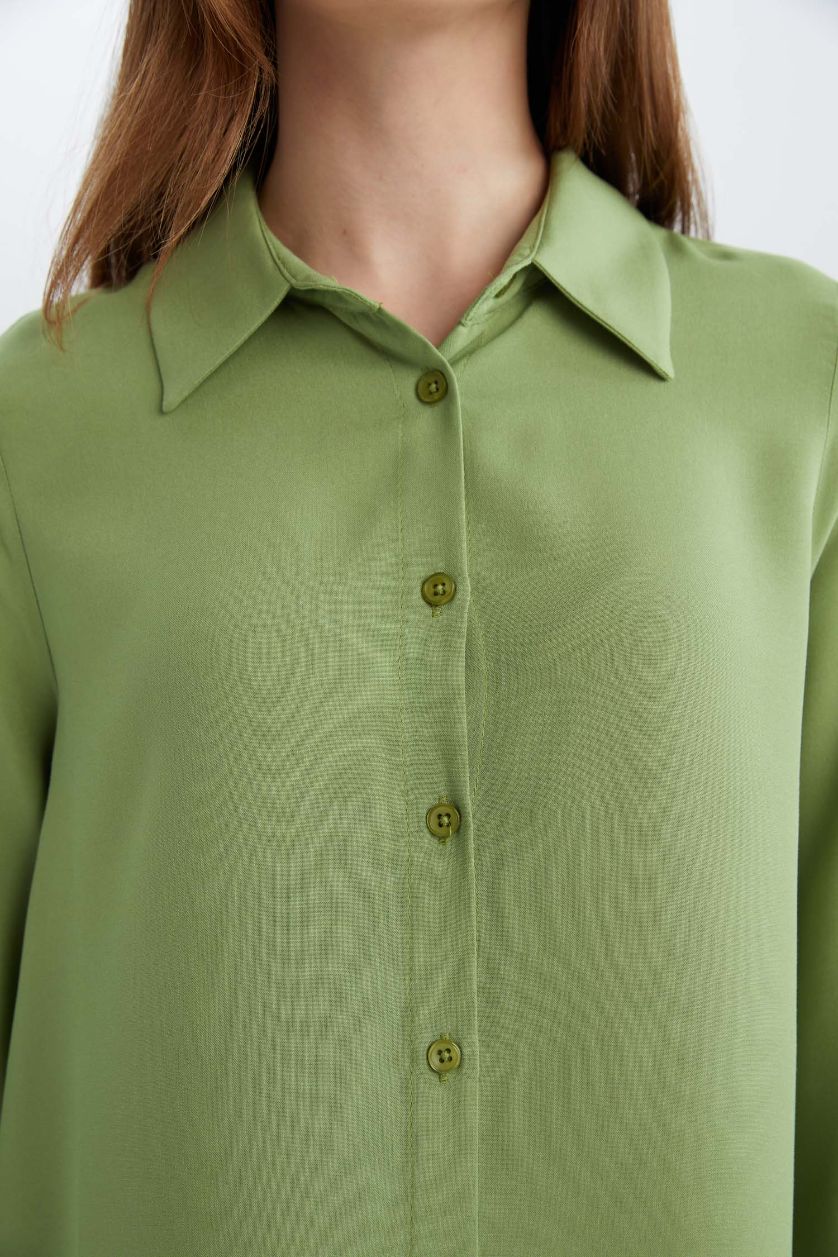 Kadın Yeşil Regular Fit Basic Düz Uzun Kollu Tesettür Gömlek Tunik