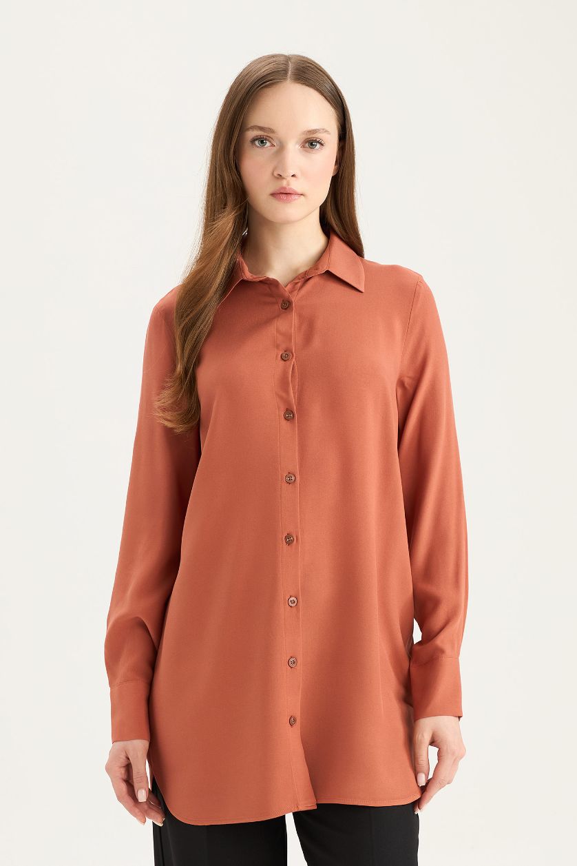Woman Dark Orange Regular Fit Shirt Collar Long Sleeve Tunic