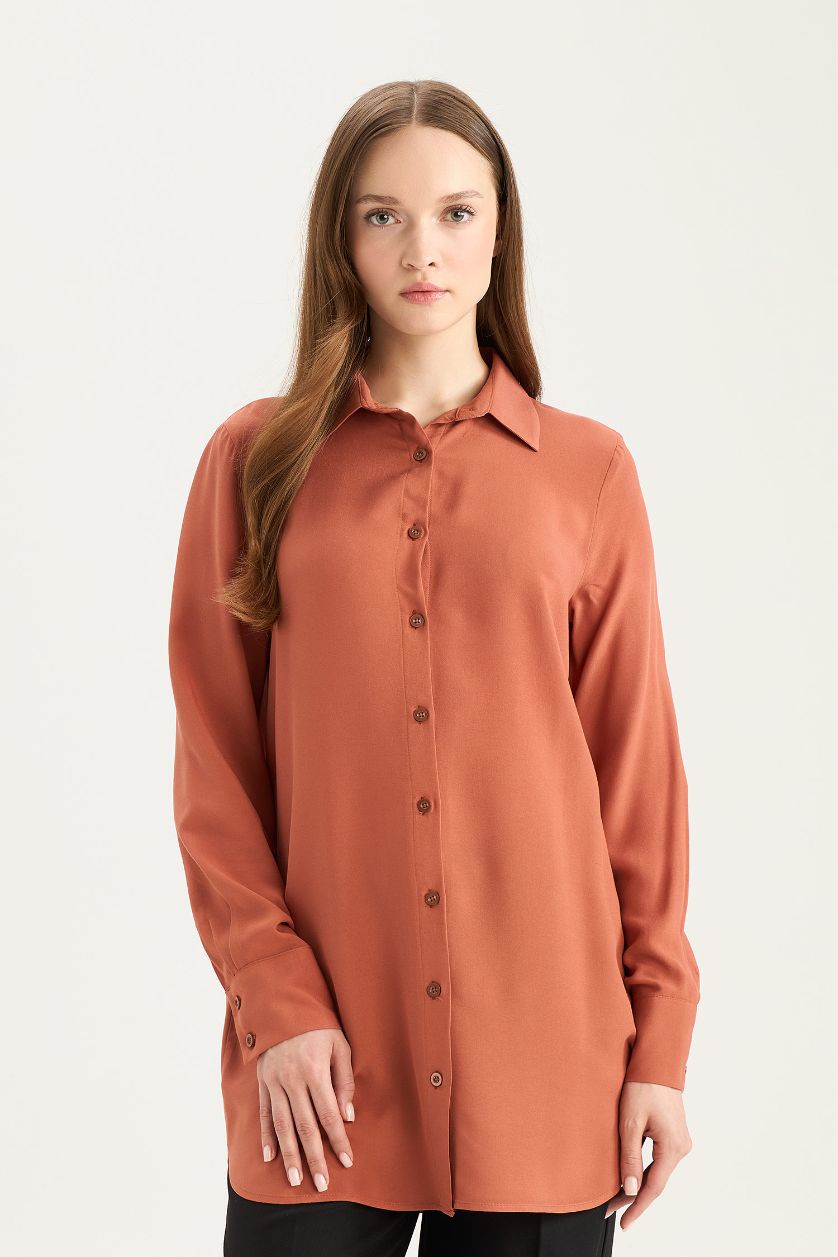 Woman Dark Orange Regular Fit Shirt Collar Long Sleeve Tunic