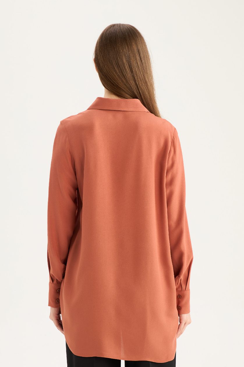 Woman Dark Orange Regular Fit Shirt Collar Long Sleeve Tunic