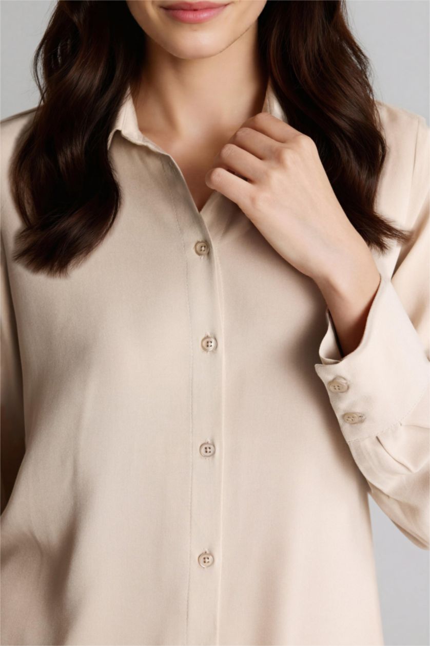 نساء اللون الحجري قميص طويل قصة عادية ردن طويل