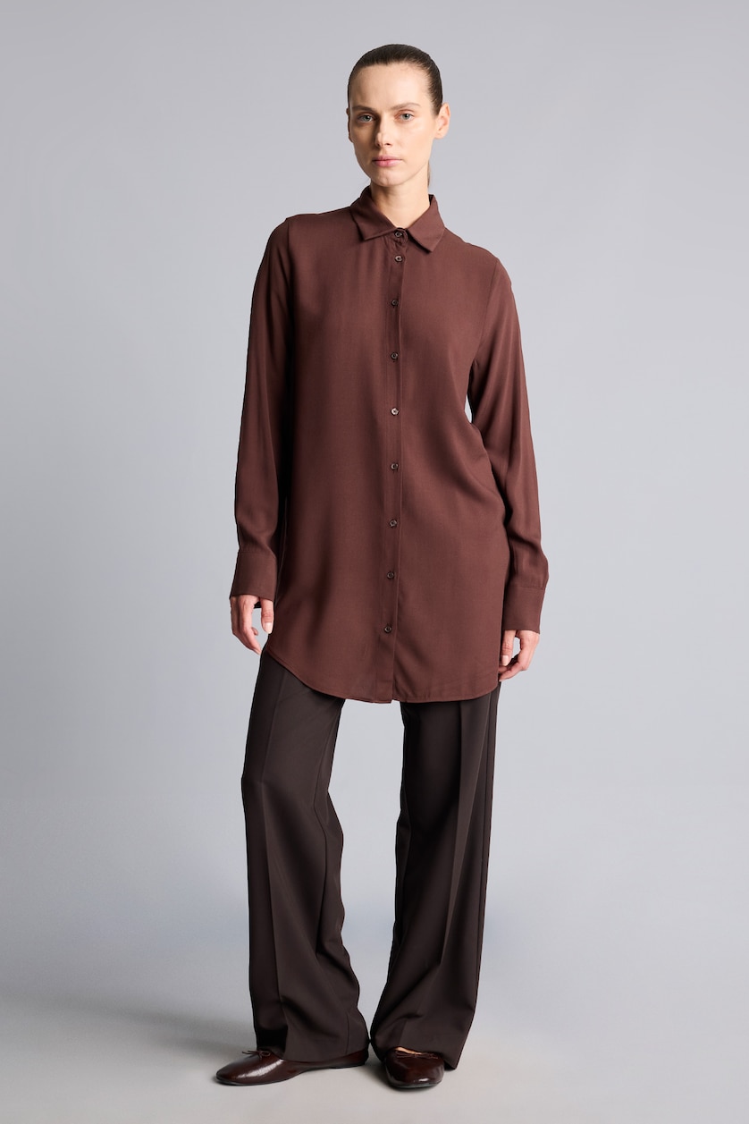 Kadın Kahve Regular Fit Düğmeli Uzun Kollu Tunik