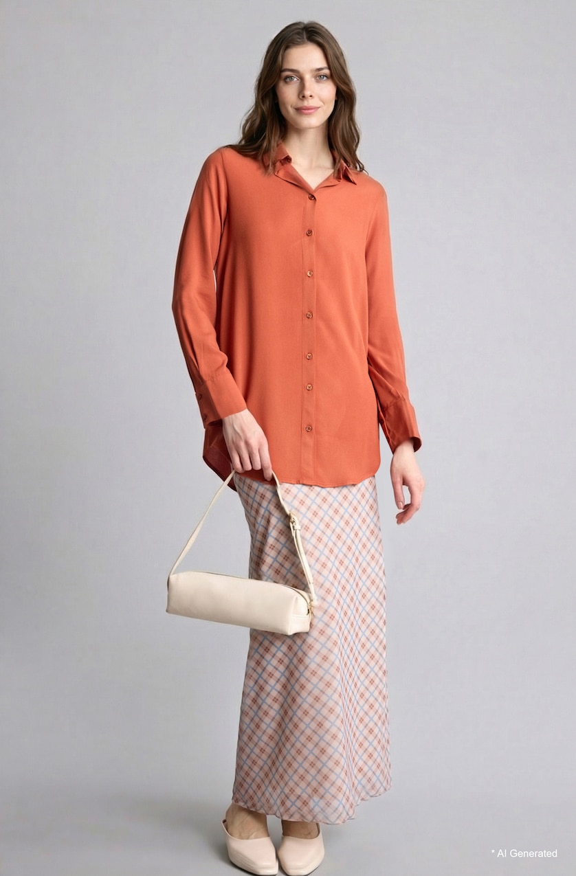 Women Dark Orange Regular Fit Shirt Collar Long Sleeve Tunic