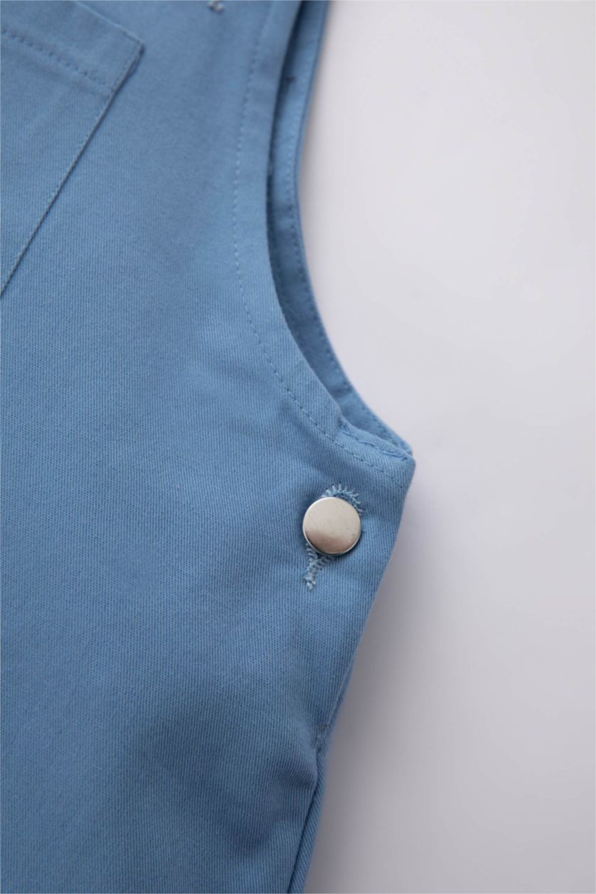 طفلة صغيرة أزرق فستان جمبسوت بناتي قماش منسوج قصة عادية بحمالات