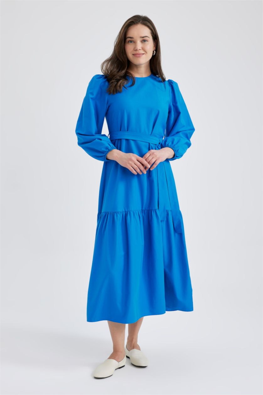 WOMAN Sax Crew Neck Tie Waist Detailed Poplin Long Sleeve Maxi Dress