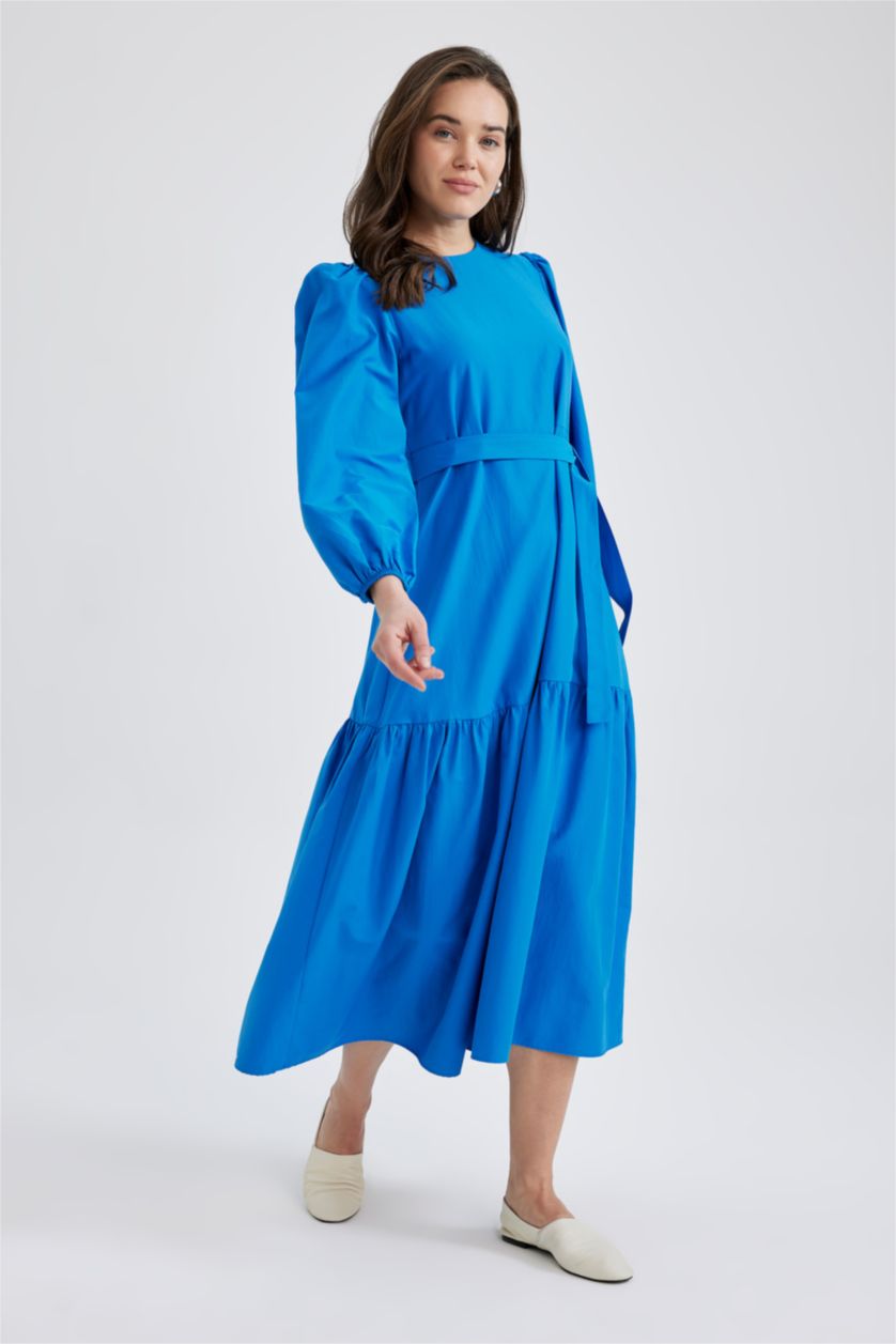 WOMAN Sax Crew Neck Tie Waist Detailed Poplin Long Sleeve Maxi Dress