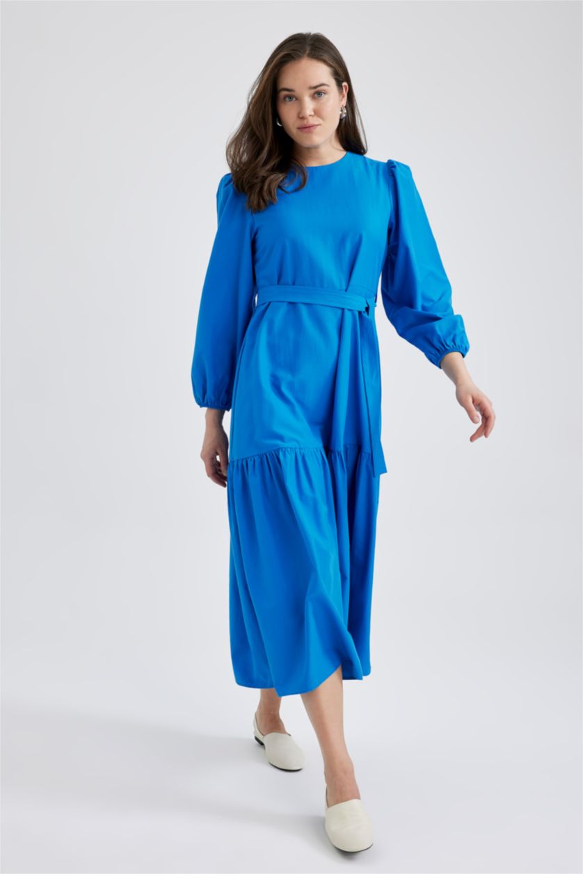 WOMAN Sax Crew Neck Tie Waist Detailed Poplin Long Sleeve Maxi Dress