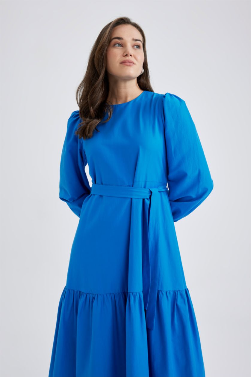 WOMAN Sax Crew Neck Tie Waist Detailed Poplin Long Sleeve Maxi Dress