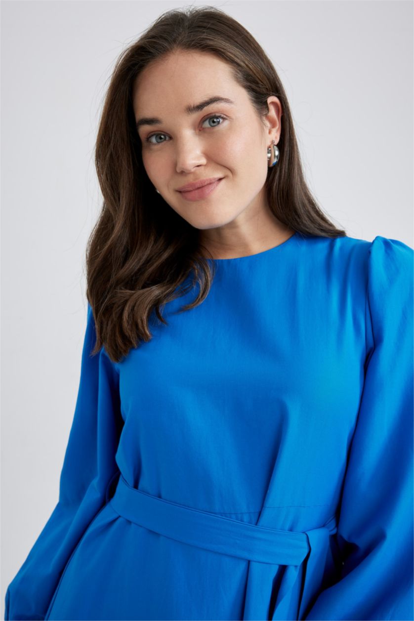 WOMAN Sax Crew Neck Tie Waist Detailed Poplin Long Sleeve Maxi Dress