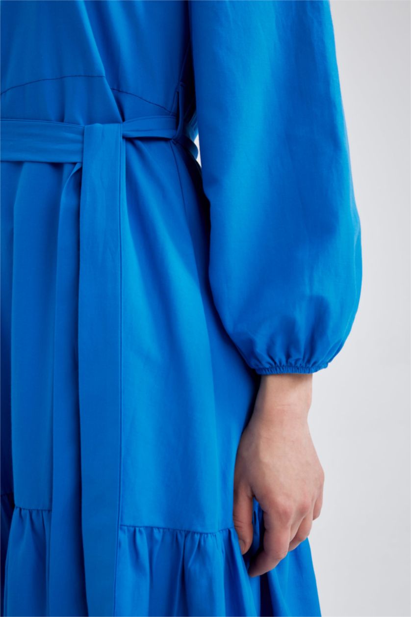 WOMAN Sax Crew Neck Tie Waist Detailed Poplin Long Sleeve Maxi Dress