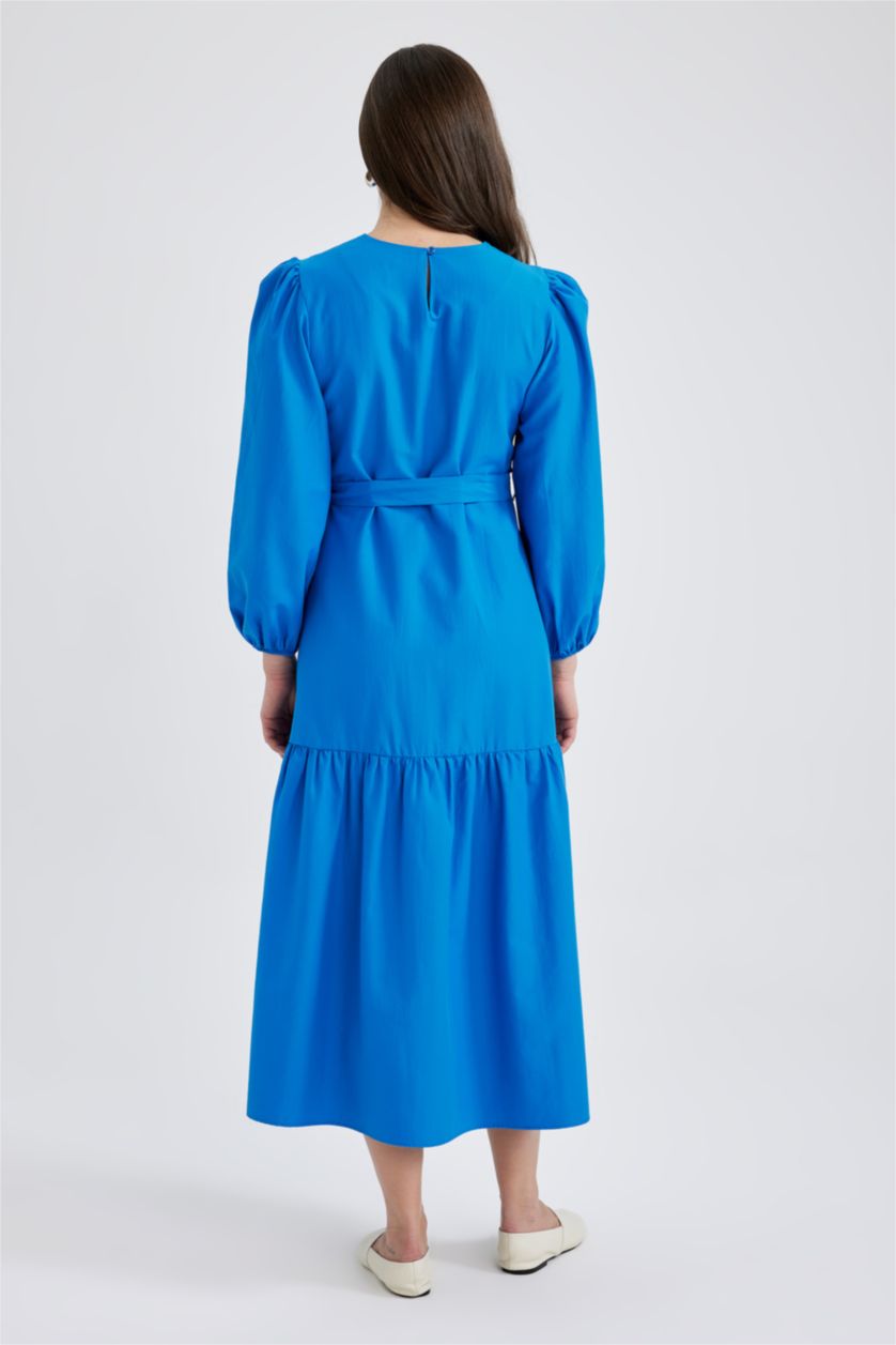 WOMAN Sax Crew Neck Tie Waist Detailed Poplin Long Sleeve Maxi Dress