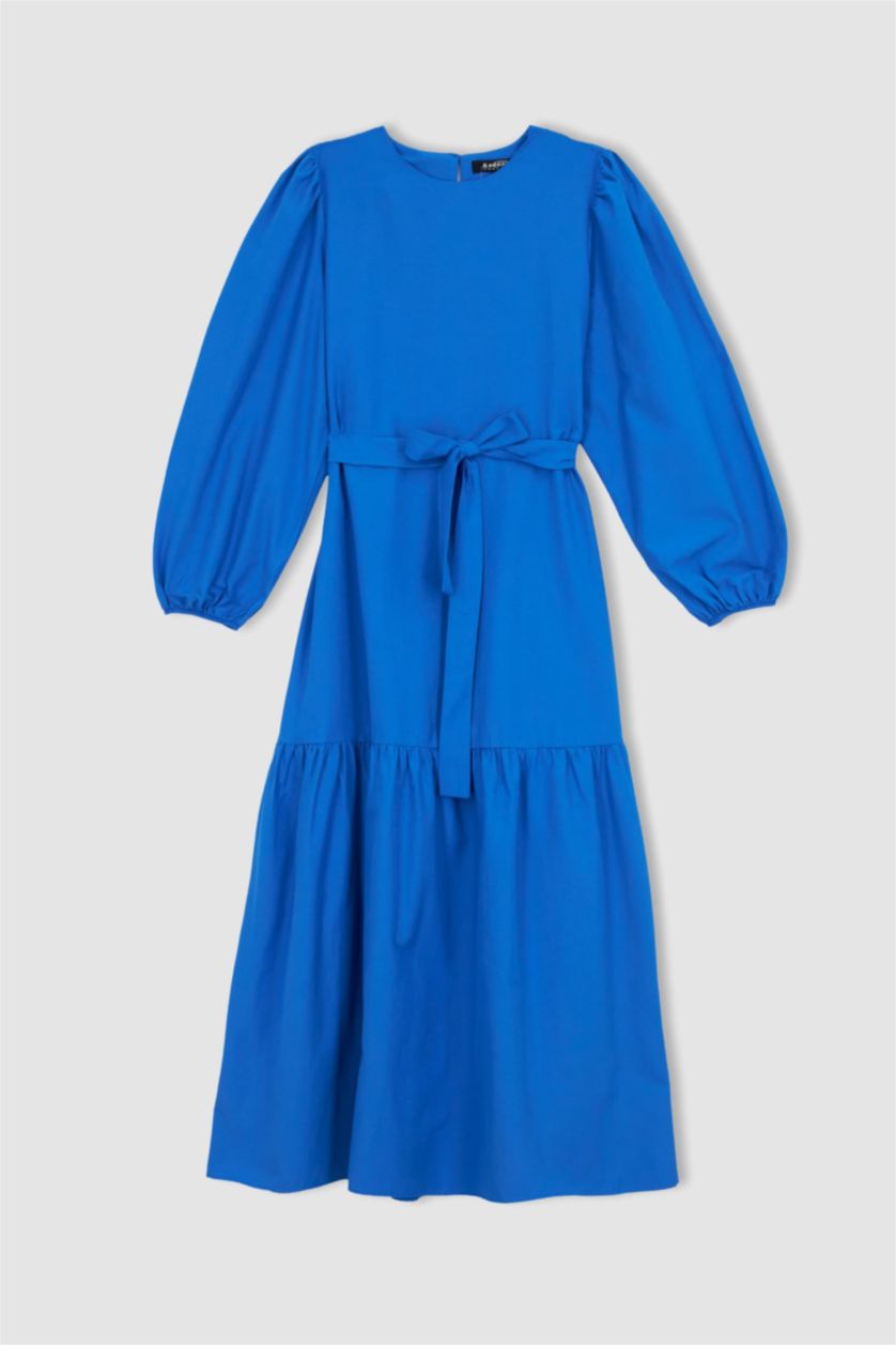 WOMAN Sax Crew Neck Tie Waist Detailed Poplin Long Sleeve Maxi Dress