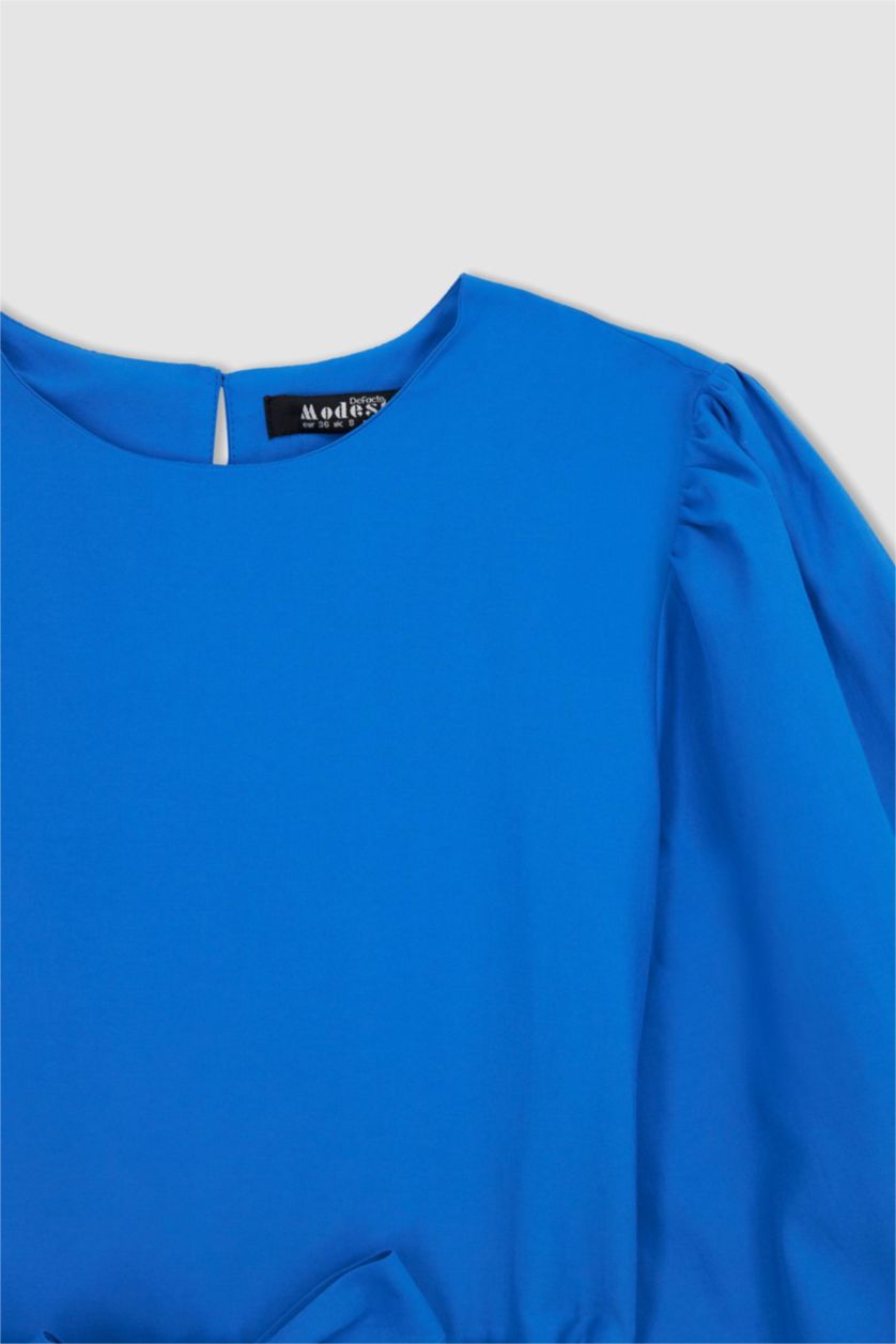 WOMAN Sax Crew Neck Tie Waist Detailed Poplin Long Sleeve Maxi Dress