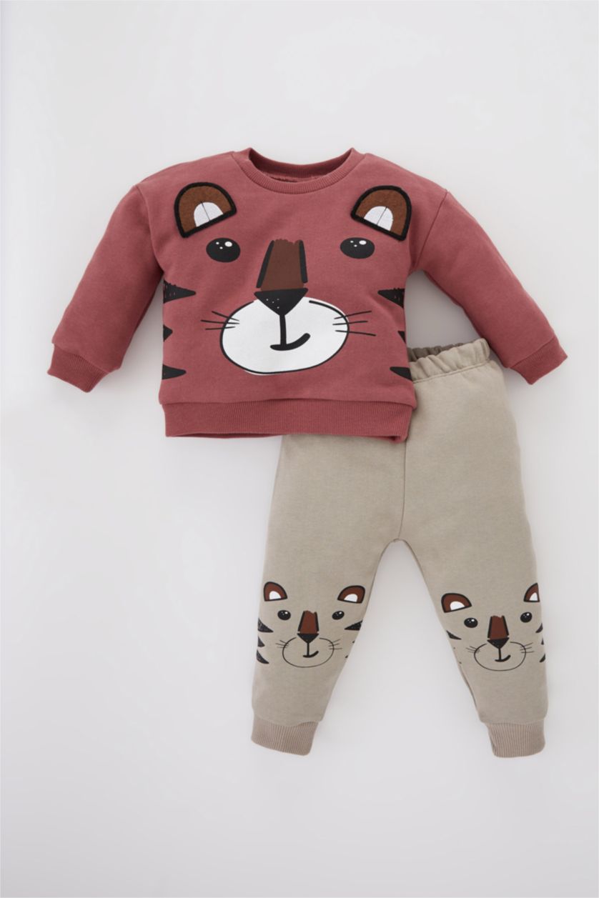 Baby Boy Light Bordeaux 2 piece Regular Fit Crew Neck Animal Set