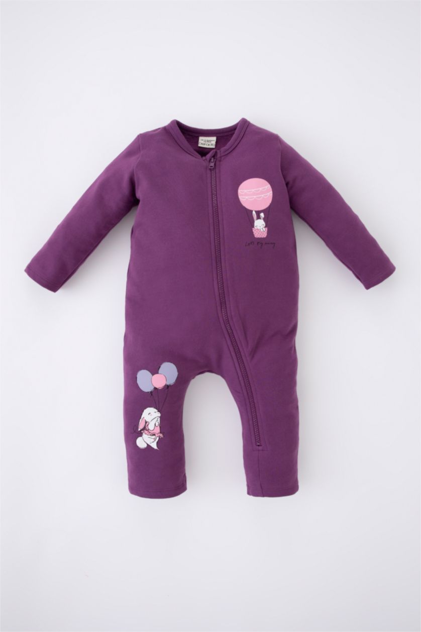 BABY GIRL Purple Baby Girl Crew Neck Sweatshirt Fabric Zippered Jumpsuit