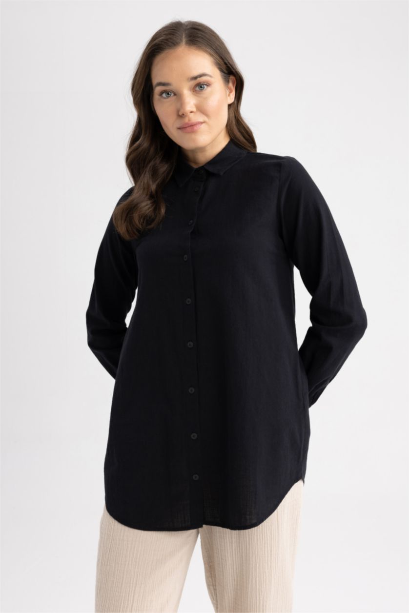 WOMAN Black Regular Fit Cotton Long Sleeve Tunic